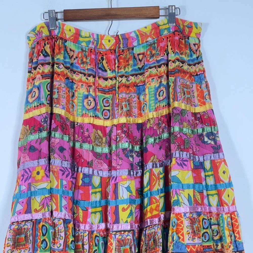 anii By Natural Boho Tiered Maxi Skirt Women Sz L Multicolor Floral Ribbon Trim - Picture 2 of 8